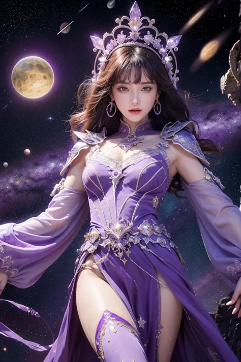 best quality, high quality, cinematic, hkmagic, purple holy knight floating in space, there are asteroids and other planetary bo...