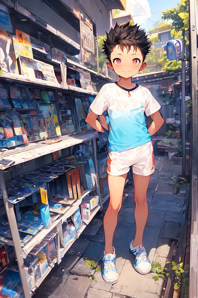 (Shota:1.5),(((Highest quality))),(((masterpiece))),(((Very detailed))),(((High resolution))),One person,Short sleeve shirt,Short shorts,White socks,Blue sneakers,Cheerful boy,Japanese,Buzz Cut,(((Spiked Hair))),Black Hair,(((Point pupils))),Skinny body,Baby Face,smile