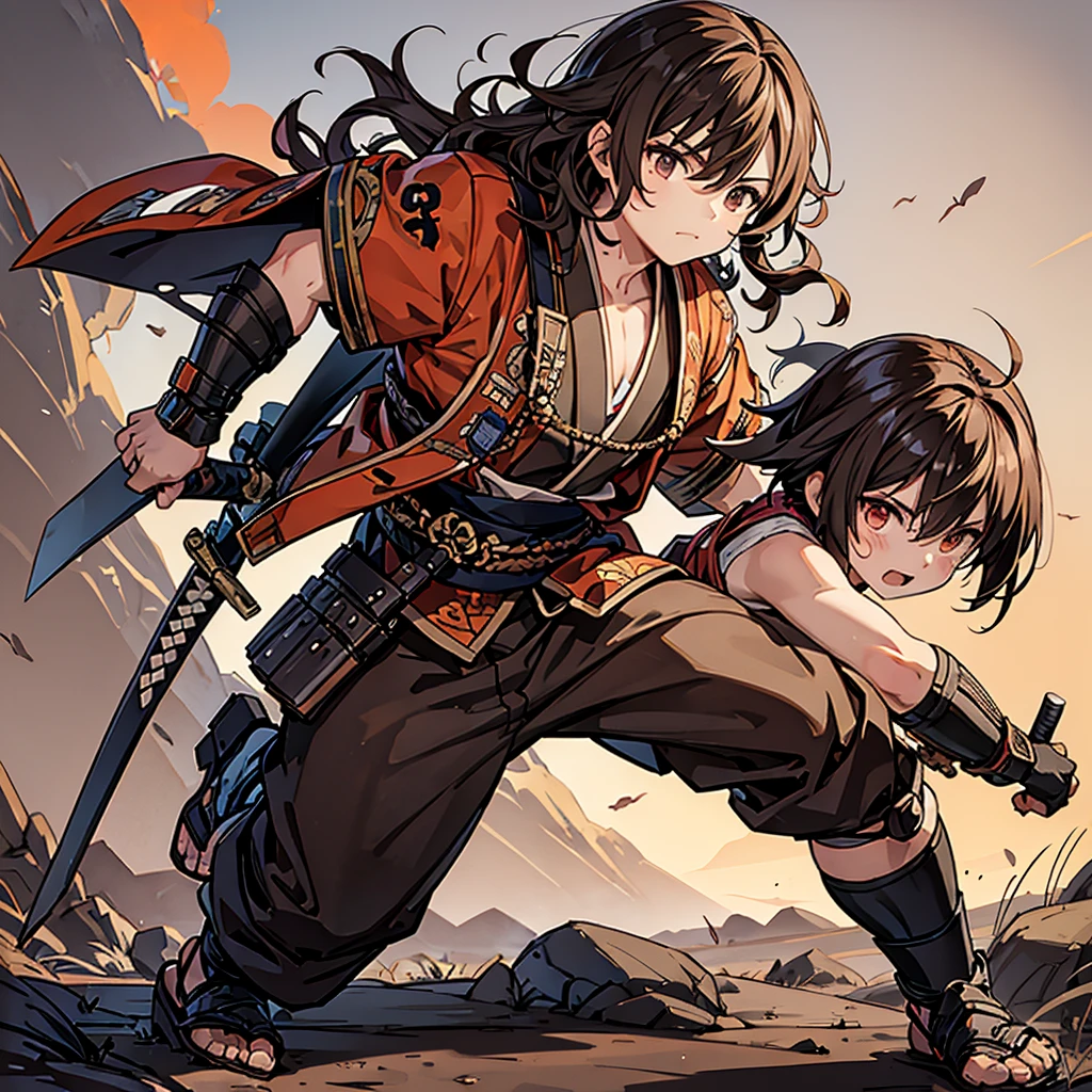 child, masculine, Samurai, post-apocalyptic, Brown hair, wavy hair, medium hair, hero face, armadura Samurai de color naranja, (((Whole body))), Japanese Plain.