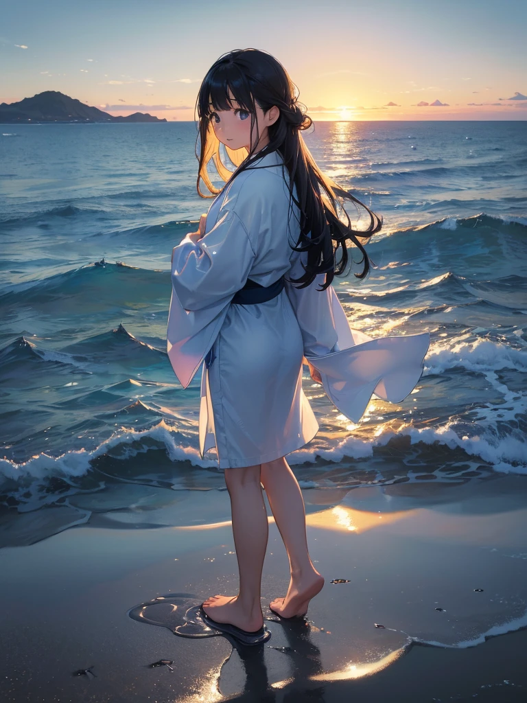 (close:1.4)、(RAW Photos:1.2)、(Realistic:1.4)、(masterpiece:1.3)、(Highest quality:1.4)、Japanese Girls、(Night view:1.2)、Light clothing、cute、Step into the sea、Standing on tiptoes、landscape、Between the horizon and the sea、Side view、Ripples spreading from the toes、Standing about 20 meters away、On the Sea、The whole scene is Shiny O&#39;s、illumination、