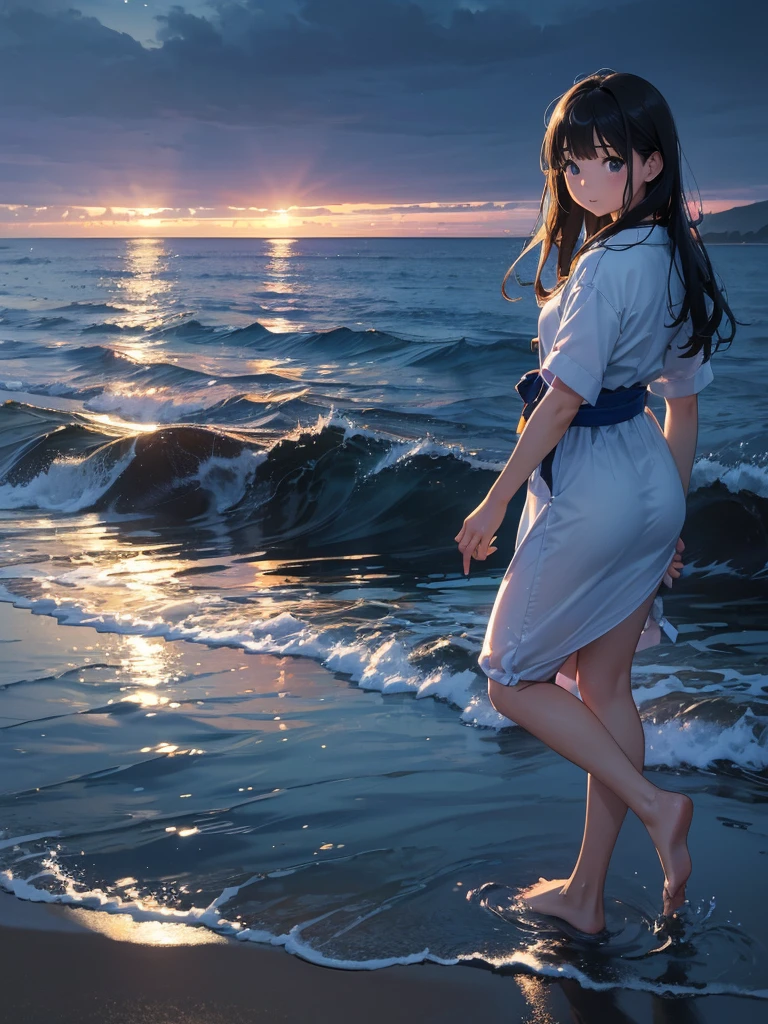 (close:1.4)、(RAW Photos:1.2)、(Realistic:1.4)、(masterpiece:1.3)、(Highest quality:1.4)、Japanese Girls、(Night view:1.2)、Light clothing、cute、Step into the sea、Standing on tiptoes、landscape、Between the horizon and the sea、Side view、Ripples spreading from the toes、Standing about 20 meters away、On the Sea、The whole scene is Shiny O&#39;s、illumination、