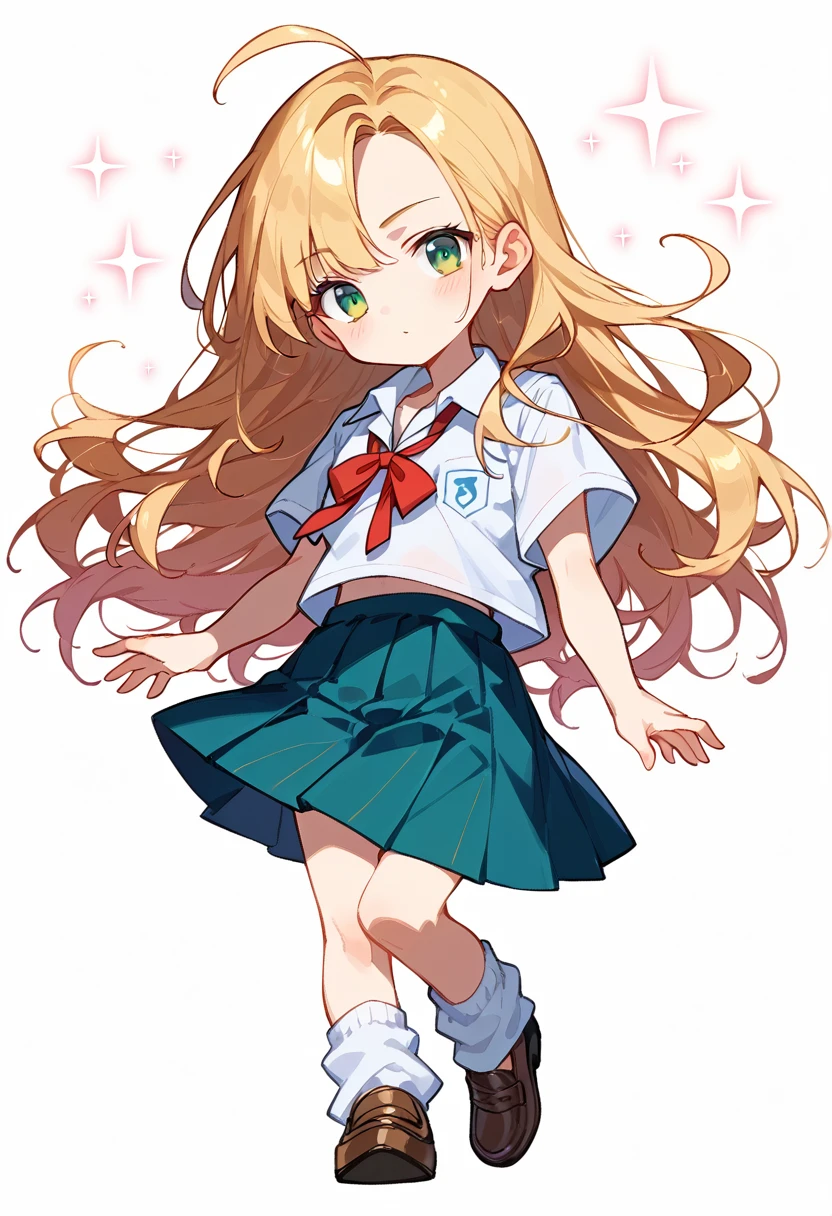 masterpiece, (score_9,score_8_up,score_7_up,score_6_up), 1 girl, green eyes, little sassy, bitch / cockslut / whore, skinny, tsurime, asymmetrical bangs, long hair, (blond hair:1.3), (school uniform), (white collared shirt, plain pattern shirt, short sleeves, shirt tucked in:1), (red plain pattern narrow neck ribbon:1.2), brown loafers, white loose socks ,chibi only,chibi,