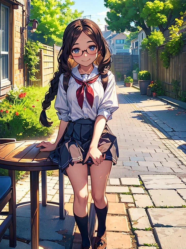 (A work depicting a scene from an anime for adults), ((pubic hair, clitoris, Braiding, Glasses, Pleated skirt, ribbon, Round face, Realistic sized eyes, Droopy eyes, blush, Smile of shame, Thin lips, Spread your legs)), (((Stand up and press your crotch against the corner of the table to masturbate))), Open your mouth, (outside, On the sidewalk, Terrace table),