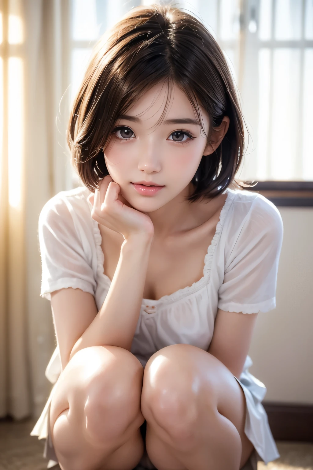 (cry)、Cute Girl、Highly detailed face、Attention to detail、double eyelid、Beautiful thin nose、Sharp focus:1.2、beauty:1.4、(short hair)、Pure white skin、Highest quality、masterpiece、Ultra-high resolution、(Realistic:1.4)、Highly detailed and professional lighting、blush、(((squat)))、Slightly shiny skin、Small breasts、Pleated skirt
