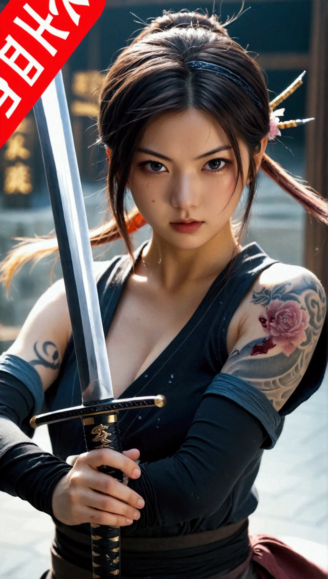 (Japanese sword &reference;Muramasa 2&reference;.2)Beautiful 27 year old woman、Japanese swordを持った女性、Shinobi Costume、Warrior、Clear Eyes、{Arm tattoo、Warrior、Realistic battle scenes、敵Warriorの返りBlood、Blood、High resolution、Highest quality、Very detailed、8k、background、