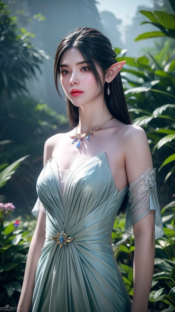 Female elf waist photo, complex, Slender face, elegant, Wear a sapphire necklace, White Lightweight Sling Dress, Face the camera, Very detailed, number, Art Station, Concept Art, Smooth, Clear focus, illustration, Art work：artgerm、greg rutkowski 和 alphonse mucha, 8K, Volumetric Fog, bloom, Light, lumen, Crank Bokeh