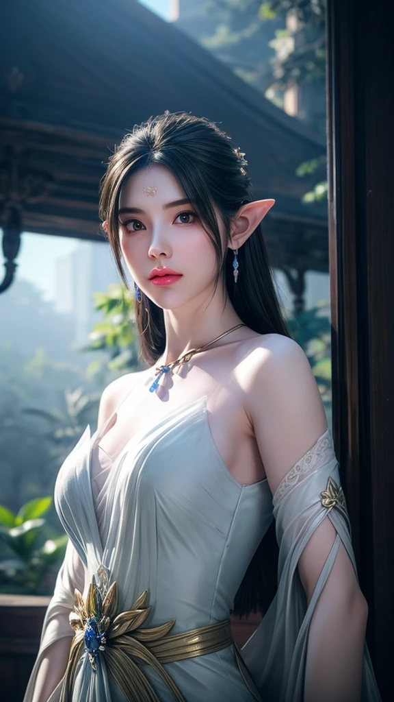 Female elf waist photo, complex, Slender face, elegant, Wear a sapphire necklace, White Lightweight Sling Dress, Face the camera, Very detailed, number, Art Station, Concept Art, Smooth, Clear focus, illustration, Art work：artgerm、greg rutkowski 和 alphonse mucha, 8K, Volumetric Fog, bloom, Light, lumen, Crank Bokeh