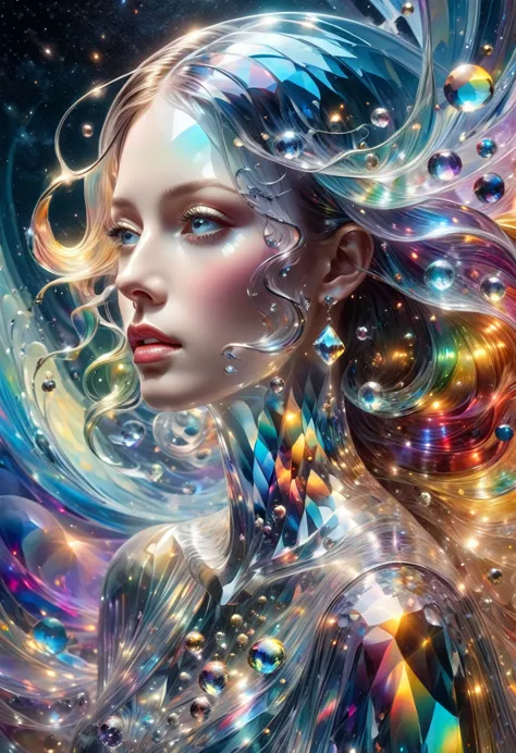 color drawing of a beautiful young woman., mysterious waves at night. 3d. rainbow colors. the beauty of the melting universe. su...