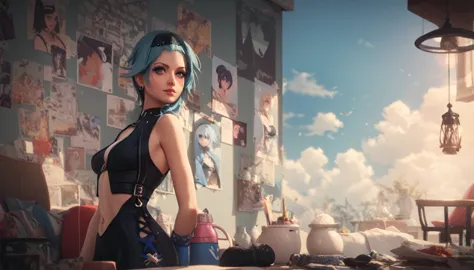 (masterpiece, best quality), 8k wallpaper, highly detailed, poster, create an image with jinx eula and sakura