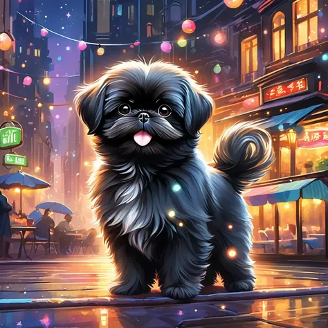 anthropomorphic black shih tzu puppy,minuet,cafe,warm interior,cute,fluffy fur,masterpiece,rich colors,highest quality,official ...