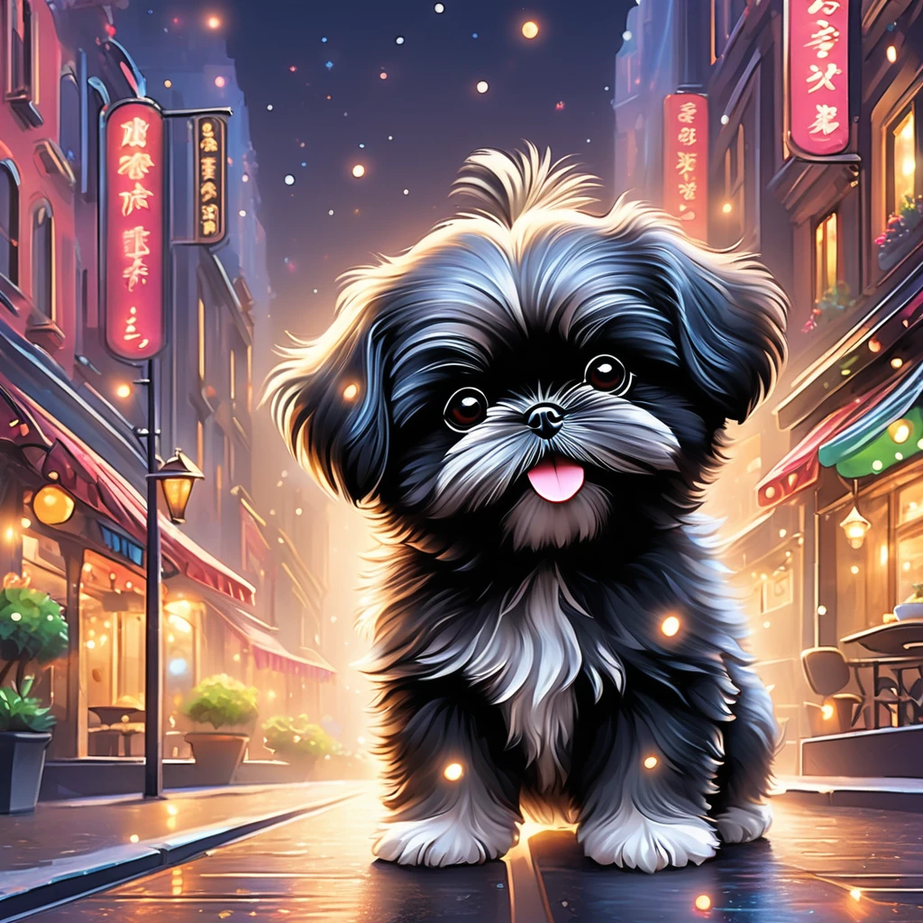 Anthropomorphic black shih tzu puppy,minuet,Cafe,warm interior,cute,fluffy fur,masterpiece,rich colors,highest quality,official art,fantasy,colorful,happy,smile,Super cute black shih tzu puppy,Fluffy,looking forward,happiness,nice background,Stylish cityscape,fun outing,fun waiting time,Sparkling,beautiful light and shadow,