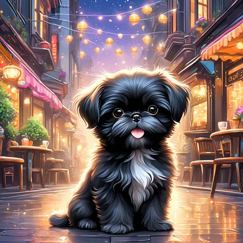 anthropomorphic black shih tzu puppy,minuet,cafe,warm interior,cute,fluffy fur,masterpiece,rich colors,highest quality,official ...