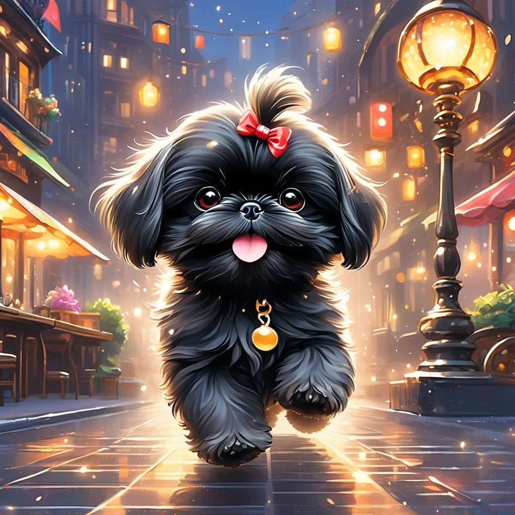 Anthropomorphic black shih tzu puppy,minuet,Cafe,warm interior,cute,fluffy fur,masterpiece,rich colors,highest quality,official art,fantasy,colorful,happy,smile,Super cute black shih tzu puppy,Fluffy,looking forward,happiness,nice background,Stylish cityscape,fun outing,fun waiting time,Sparkling,beautiful light and shadow,