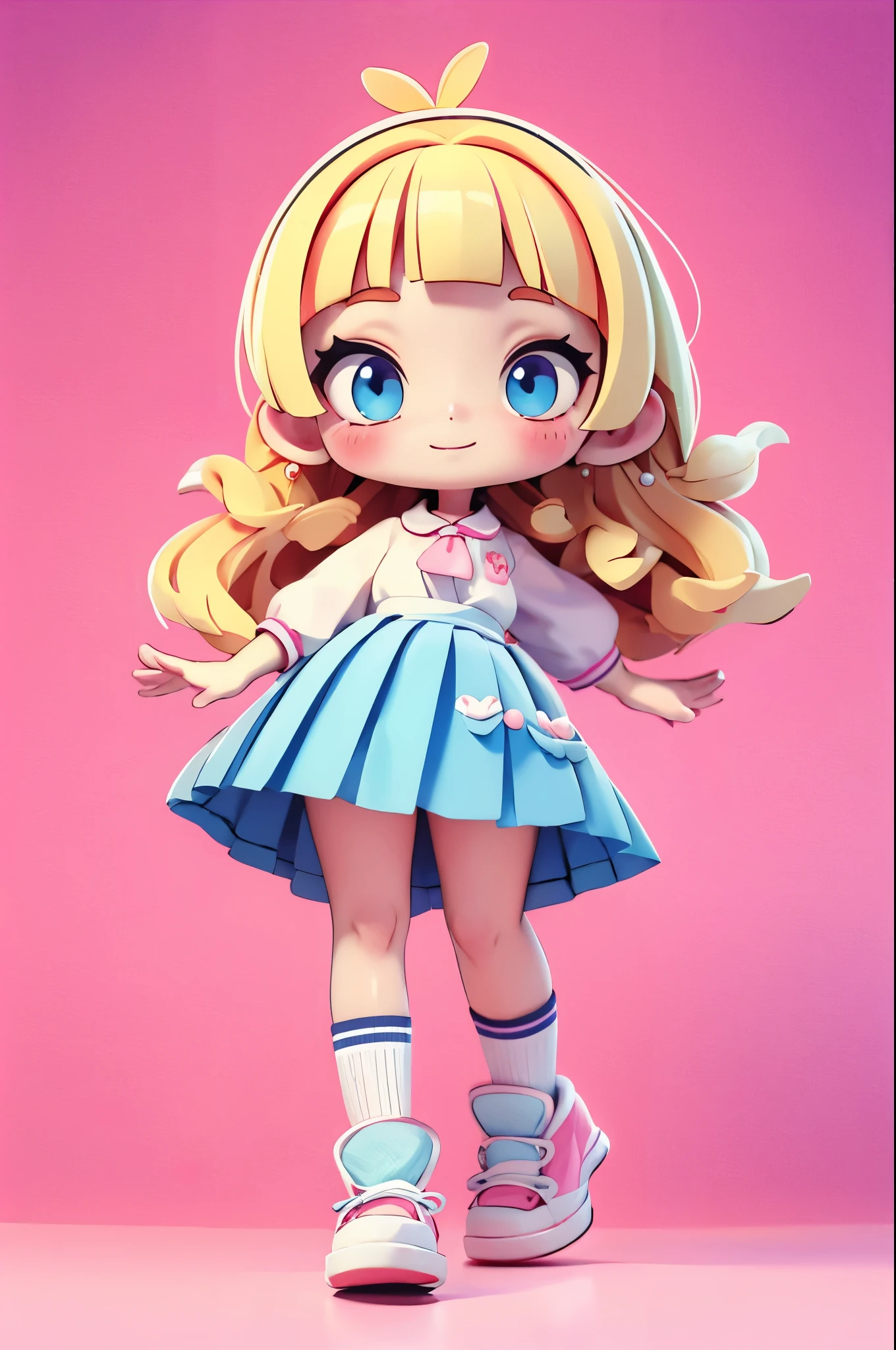 high resolution,smile,laugh,happy smile,woman,woman1人,adult,Clear,cute,
((chibi)),
blunt bangs,wavy hair,Blonde Hair,BREAK,
Light blue eyes,BREAK,
uniform,White shirt,BREAK,Pink checkered pleated skirt,BREAK,
White loose socks,White sneakers,BREAK,
ハートのヘアピンBREAK,
Facing forward,BREAK,Pink background,
