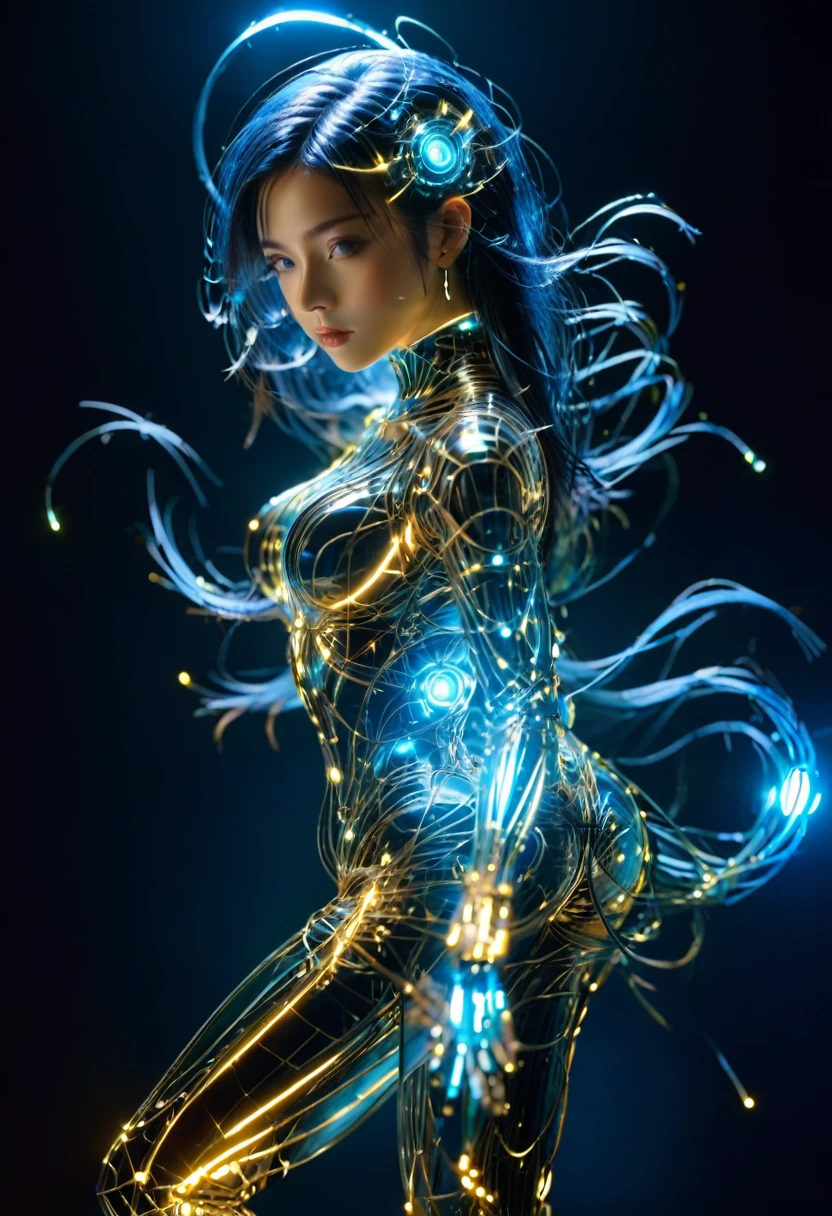 Ultra-Realistic Capture,18k,RAW Photos,Highest quality,masterpiece,reality,Very detailed,Sharp Photos,Very beautiful woman,Automata,cyber punk,20-year-old ,Model body type,slim,Very detailedな電子機器の骨格,Small glowing LED,Glass Mechanical Joints,Very long hair,Sexy pose,Seductive pose,Acrobatic pose,lanky,