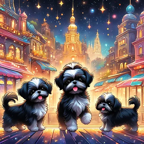 anthropomorphic 2 black shih tzu puppies,minuet,cafe,warm interior,cute,fluffy fur,masterpiece,rich colors,highest quality,offic...