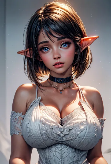 elf girl. glowing skin. very short hairstyle. massive breasts.  massive huge wide hips. choker. mini dress. vlued eyes. open lip...