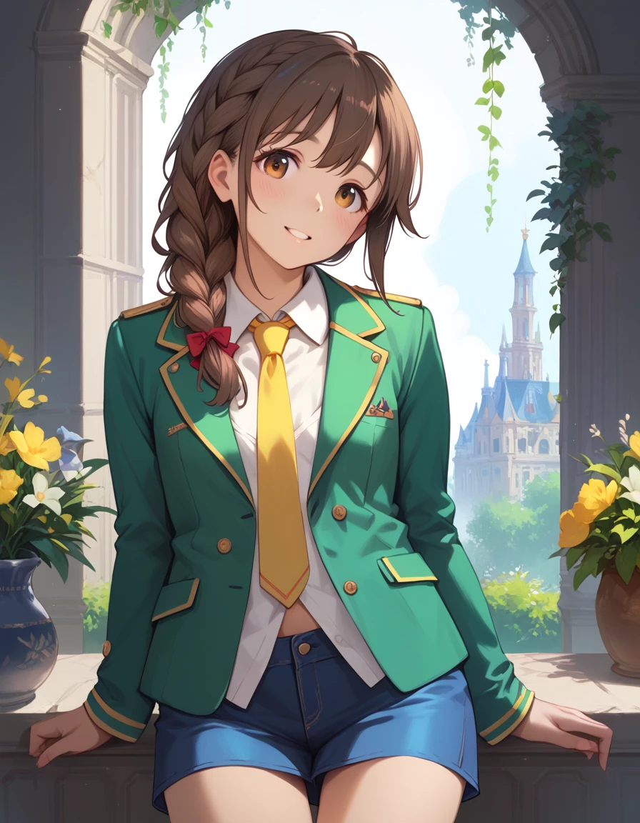 (score_8, score_8_up,masterpiece,highest quality,Perfect Anatomy,Exquisite detailed,realistic)(hyper realistic:0.1)senkawa chihiro,green Jacket, 1girl, single braid, side braid, brown hair, yellow necktie