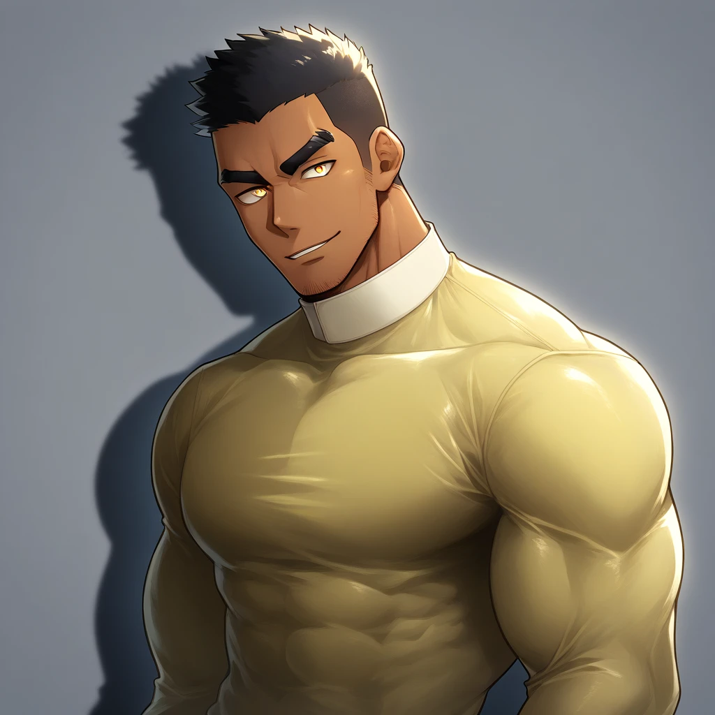 anime characters：, Muscle Sports Student, negro black skin, 1 dark skin muscular tough guy, Manliness, male focus, Light yellow high collar long sleeve tight T-shirt, Slightly transparent material, Very tight, Round, full and perky chest muscles, Slightly transparent, muscular male, muscular, only, Upper body, alone, Black short hair, Thick eyebrows, stubble, Yellow eyes, Grey background, simple background, amazing quality, best aesthetics, Ridiculous, bright pupils, crew cut, parted lips, seductive smile, torogao, naughty face, drop shadow, best quality