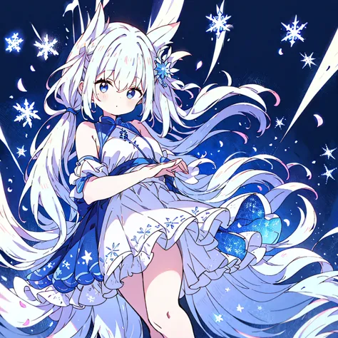 long hair, bangs, blue hair/light blue hair, snowflake hair accessories,twin tails,