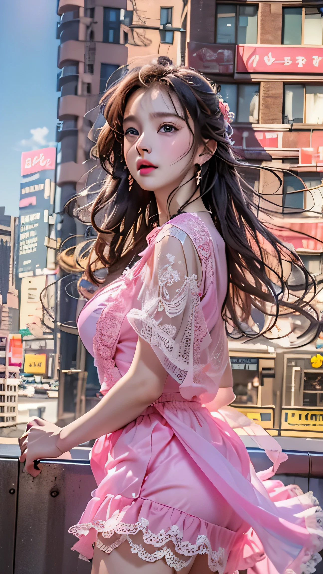 (New York Cityscape)、Highest quality、masterpiece、Ultra-high resolution、reality、Portrait、Elegant mature woman、blue eyes、Long Hair、Side bangs、(Translucent pink dress、mini skirt)、4K resolution、High-quality CG、Feminine pose、Fair、（The wind blows up my skirt）,(Lace panties are visible)