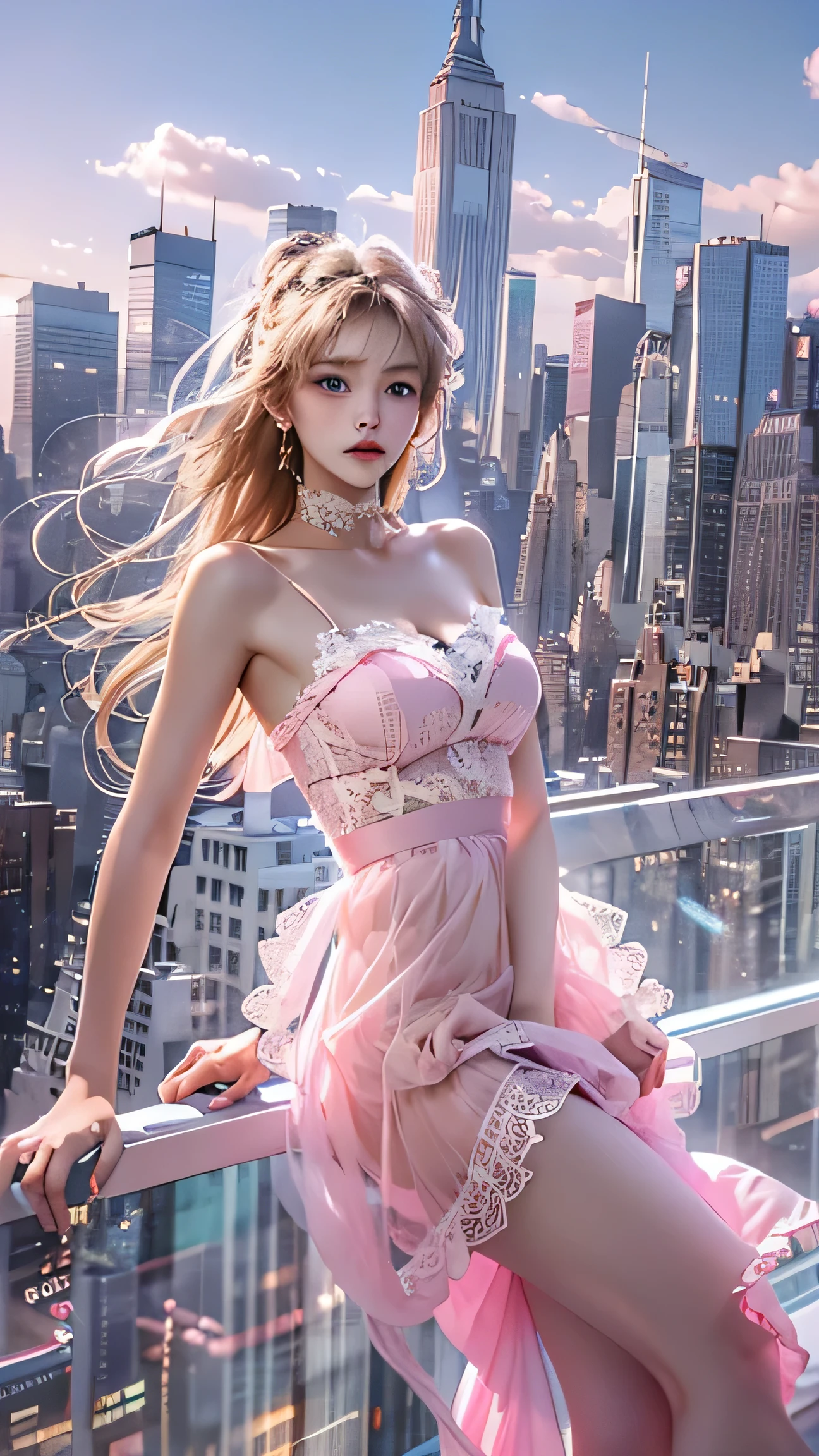 (New York Cityscape)、Highest quality、masterpiece、Ultra-high resolution、reality、Portrait、Elegant mature woman、blue eyes、Long Hair、Side bangs、(Translucent pink dress、mini skirt)、4K resolution、High-quality CG、Feminine pose、Fair、（The wind blows up my skirt）,(Lace panties are visible)