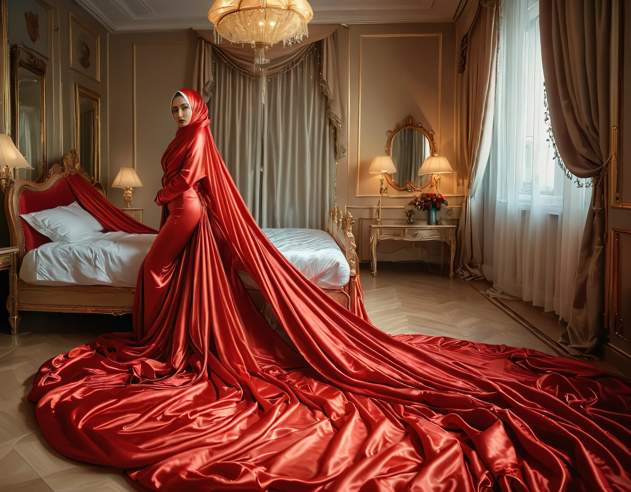 A rusian woman shrouded in a 7-meter-long, plush red satin cloth, tightly bound and grandly draping along the form of her body, flowing off into a pooled floor-length train, styled in a mermaid-inspired outfit, her head modestly veiled in a satin hijab, tall woman, in luxury bed room,satin sheet, a full-body pose conveying a sense of mysterious elegance, captured in a 4k resolution, ultra-realistic