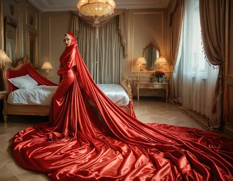 a rusian woman shrouded in a 7-meter-long, plush red satin cloth, tightly bound and grandly draping along the form of her body, ...