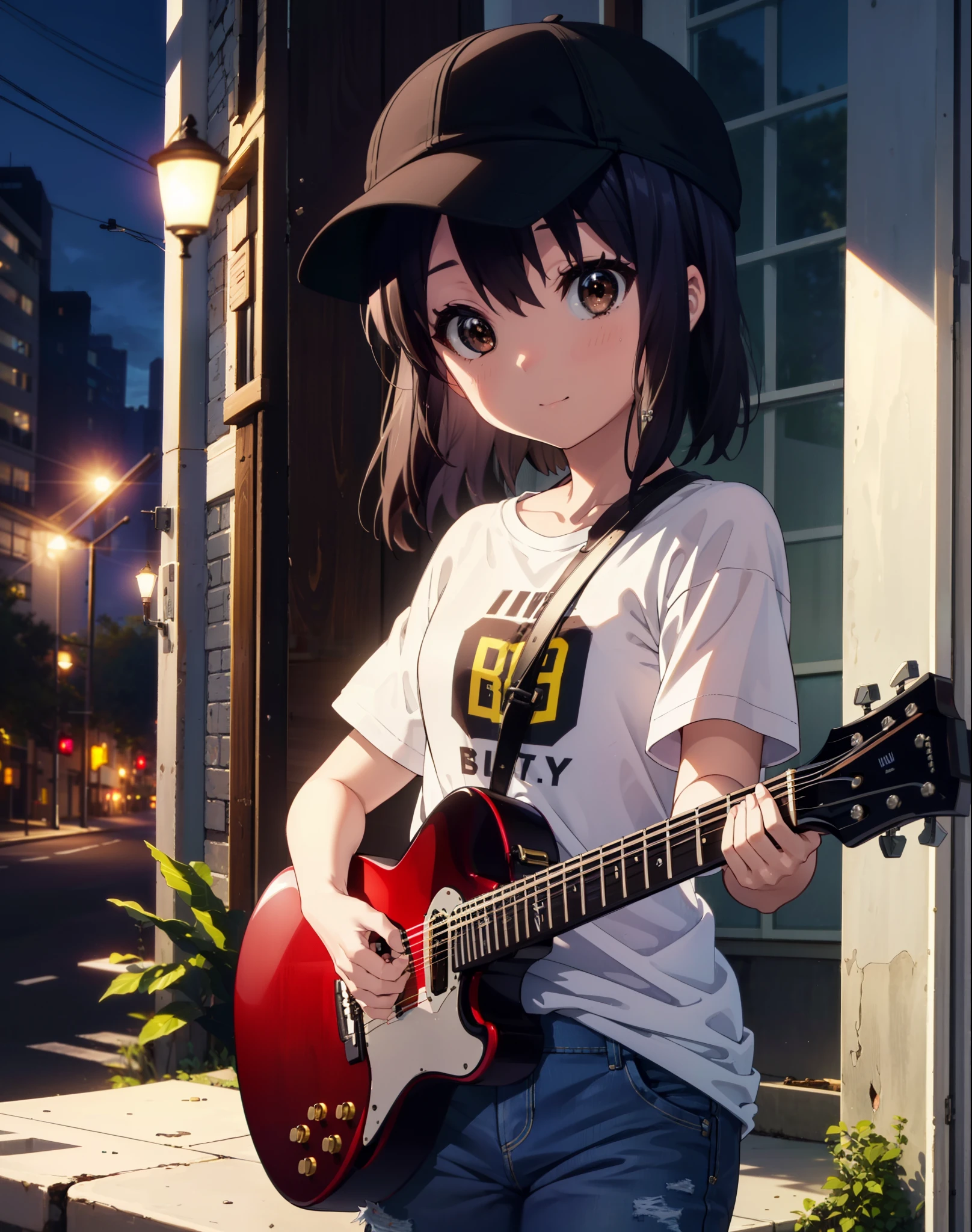 meet, Azusa Nakano, Black Hair, (Brown eyes:1.5),Long Hair,Baseball hats,Oversized T-shirt,Short sleeve,jeans,short boots,Instrument playing, Stage Performance, hot air,Happy atmosphere,スタンドマイクの前でguitarをを弾きながら熱唱,guitar(Red Mustang),On the forehead,Singing with your mouth open,smile,Street Performance,night,moonlight,whole bodyがイラストに入るように,
break outdoors, Building district,
break looking at viewer, whole body,
break (masterpiece:1.2), Highest quality, High resolution, unity 8k wallpaper, (figure:0.8), (Beautiful attention to detail:1.6), Highly detailed face, Perfect lighting, Highly detailed CG, (Perfect hands, Perfect Anatomy),