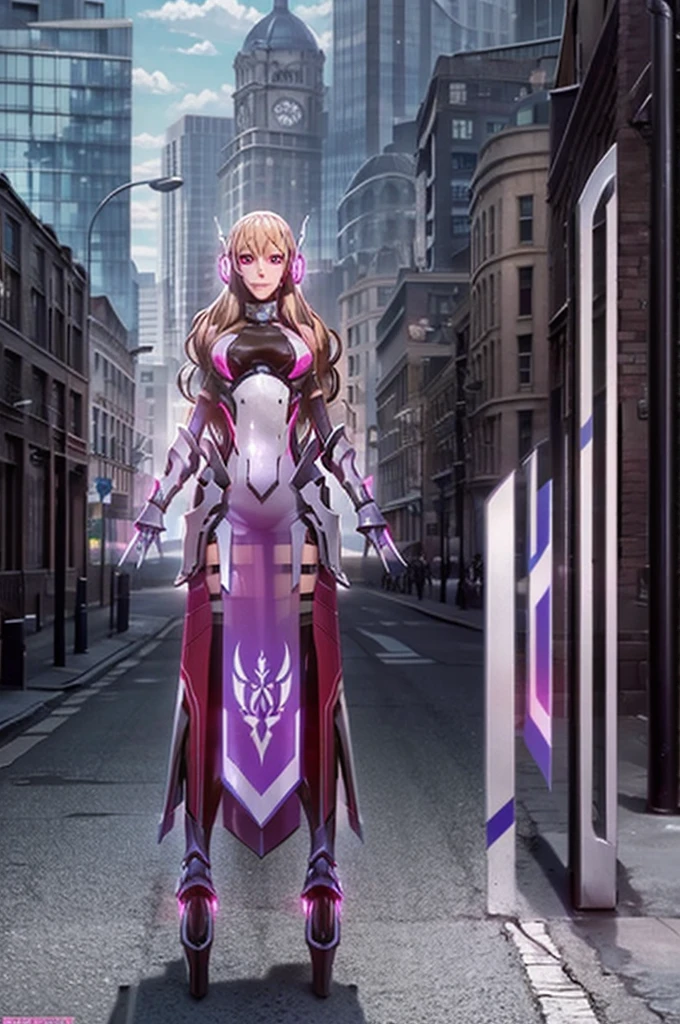 lauriel_apw, 1girl, solo, long hair, breasts, looking at viewer, blonde hair, simple background, thighhighs, gloves, bare shoulders, breasts, large breasts, standing, purple eyes, elbow gloves, armor, bodysuit, headgear, headphones, gauntlets, boots, high heels, armored boots, pink eyes, neon trim, hair between eyes, closed mouth, dress, thighhighs, black thighhighs, see-through, bangs, platform footwear, breastplate, realistic, eyelashes, pelvic curtain, outdoors, sky, building, scenery, city, ruins, lamppost, (masterpiece),((ultra-detailed)), (highly detailed CG illustration),(expressionless), (best quality:1.2), (Realistic:2) ,(((( Anime eyes, perfect face beautiful face )))), technology winx 