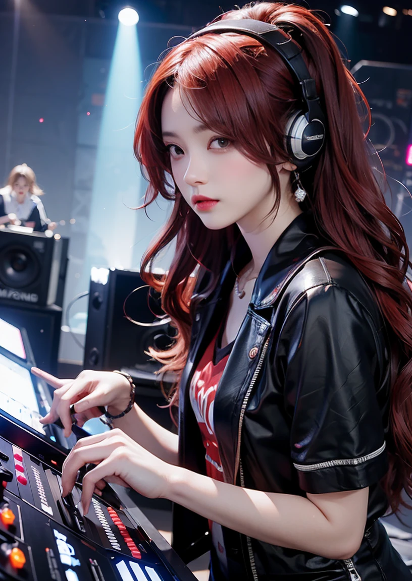 A young female DJ mixing music on stage，Mixed music played on the sound system，Red hair，hair on one eye，Medium-length hair，Wavy hair，Red eyes，sparkling，Cute doodles
