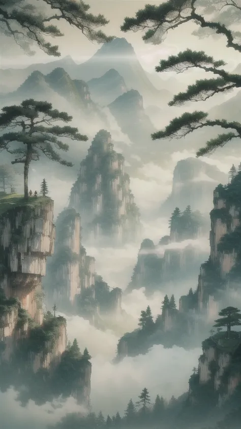 anime style, akira toriyama. create a lush, green mountain landscape at sunrise, inspired by traditional chinese art. the scene ...