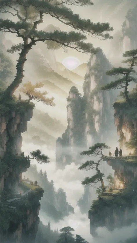 anime style, akira toriyama. create a lush, green mountain landscape at sunrise, inspired by traditional chinese art. the scene ...