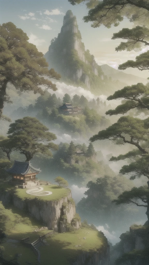 Anime Style, Akira Toriyama. Create a lush, green mountain landscape at sunrise, inspired by traditional Chinese art. The scene should feature verdant, towering mountains covered in thick, vibrant green foliage, with ancient trees, vines, and dense vegetation creating a sense of richness and life. The mountainsides should be teeming with various shades of green, from deep emerald to soft moss, giving the area a dense, jungle-like atmosphere.

The sky should be illuminated with warm hues of orange and pink as the sun begins to rise, casting soft light over the mountains. Mist should swirl gently around the mountain peaks, adding a touch of mysticism.

At the center of the scene, leave a clear, flat space on a mountaintop where a stone egg has just cracked open (this is where I will insert an image of Sun Wukong emerging). Surround this area with a gentle golden glow and floating sparkles to signify a magical event.

Ensure the overall mood is lush, vibrant, and full of life, capturing the feeling of an ancient, enchanted forest high in the mountains."