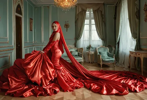 a rusian woman shrouded in a 7-meter-long, plush red satin cloth, tightly bound and grandly draping along the form of her body, ...