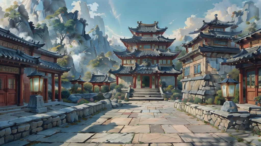 中国Ink画,  masterpiece , best quality, Ink画，Guo Chao，Ink，（Xianxia scene，Fantasy fairyland scene，Pavilions，architecture具有东南亚特色，cloud雾缭绕：1.5），outdoor，Sky，daytime，cloud，Tree，Blue sky，nobody，window，plant，architecture，landscape，lantern，stairs，Potted plants，architecture，东亚architecture，landscape