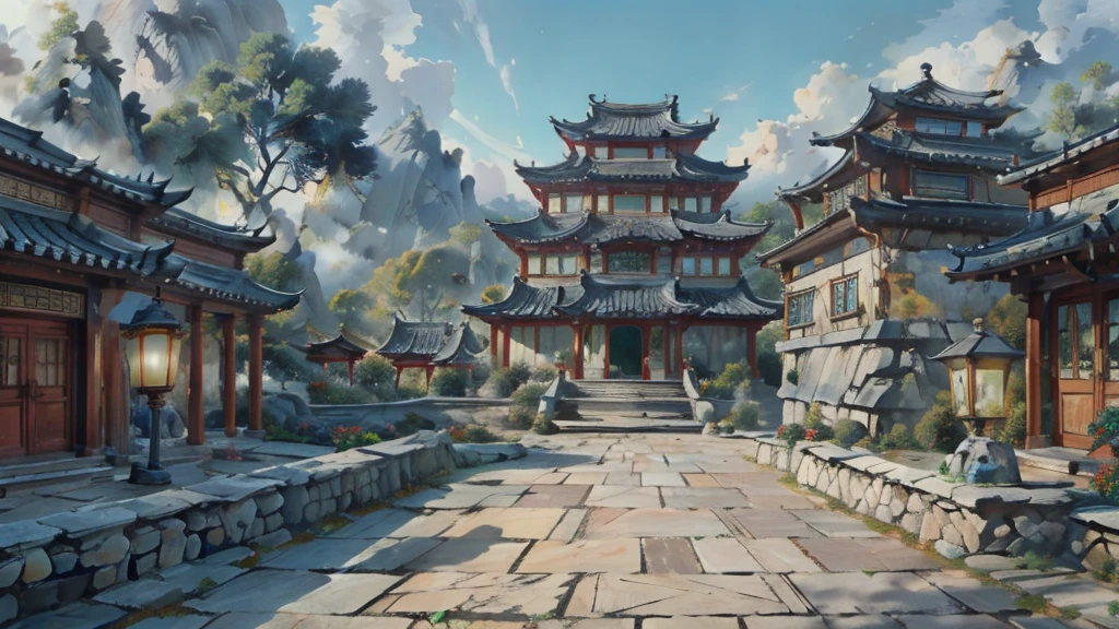 中国Ink画,  masterpiece , best quality, Ink画，Guo Chao，Ink，（Xianxia scene，Fantasy fairyland scene，Pavilions，architecture具有东南亚特色，cloud雾缭绕：1.5），outdoor，Sky，daytime，cloud，Tree，Blue sky，nobody，window，plant，architecture，landscape，lantern，stairs，Potted plants，architecture，东亚architecture，landscape