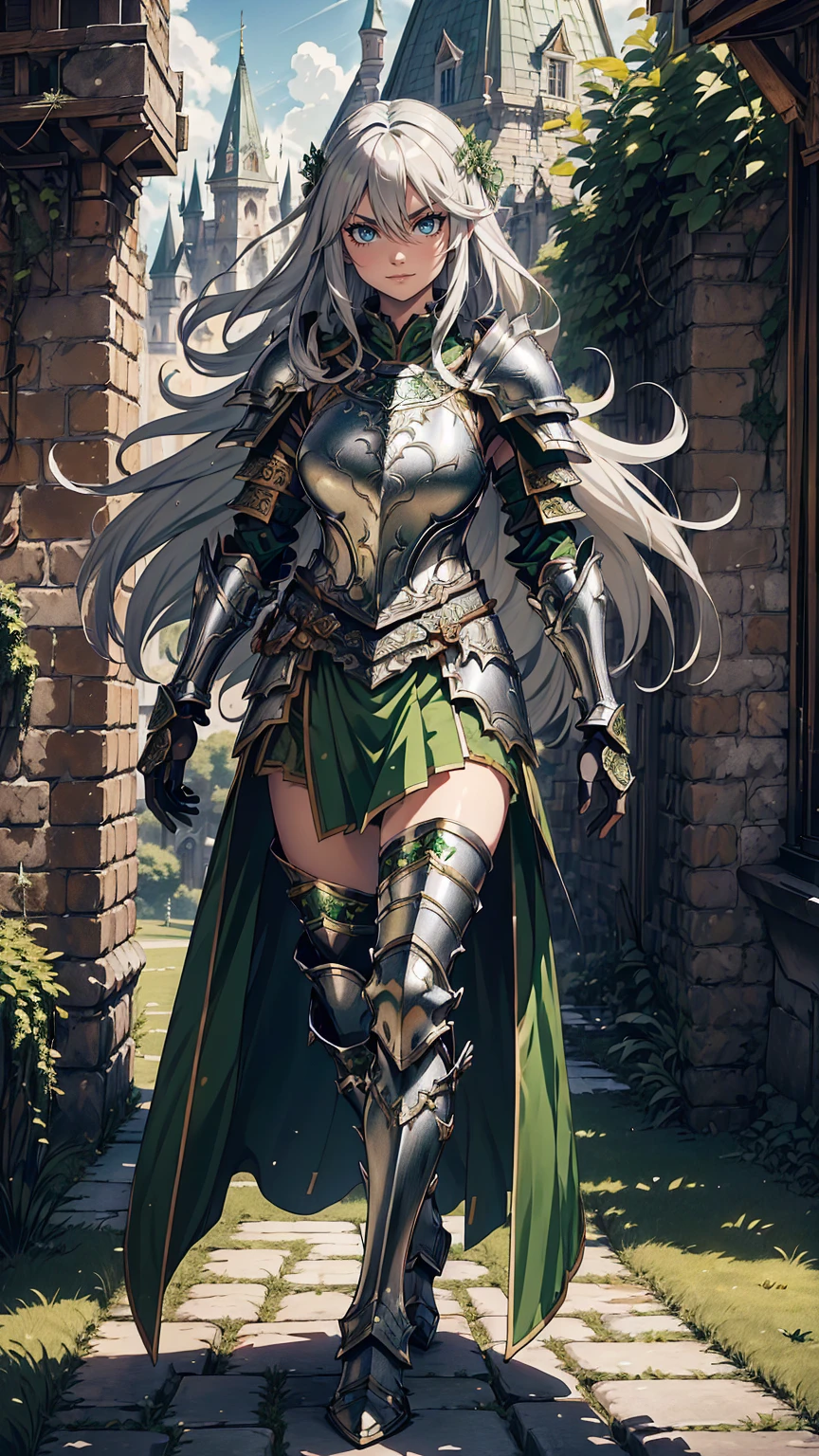 最high quality、Ultra High Definition, Ultra High Quality, Hyper Detailed, Extremely Detailed, Best image quality、masterpiece、anime woman((20-year-old、super dynamic pose , Dancing, Green solid eyes, Silver long Hair 、Disheveled Hair 、Long White Hair, Glove、Green Skirt,  Nature Design Armor, She is smiling like a villain, cheerful expression, charismatic, Detailed Cuirass , Wearing  Full Coverage Fantasy Plate Armor, leg armor))Beautiful art、background((Inside the castle))、Written boundary depth、anime style,Visual Art, 8K,Genuine