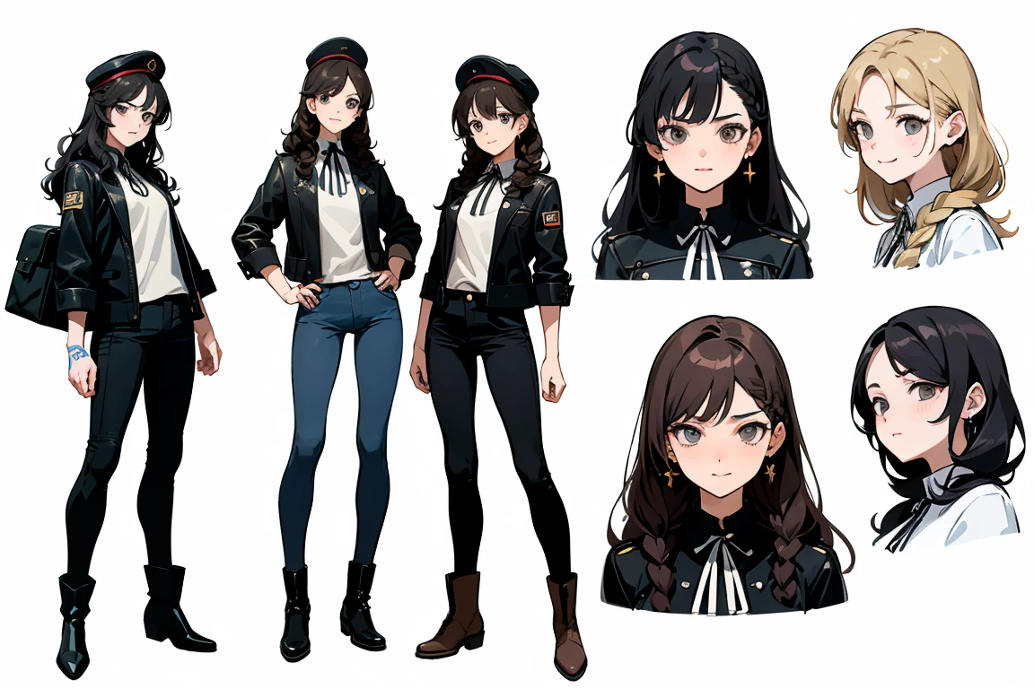 Highest quality, Detailed face, White background, Character Sheet,((Adult women:1.5))), ((whole body:1.2)), Full of details, multiple postures and expressions, Serious face, smile, Very detailed, depth, 1 Adult women, No bangs, (Black long hair, Grey sexy eyes, Wavy hair, Black leather jacket outfit, tall, Brown knapsack, cool,Medium chest, High-necked shirt, hat, strap, Tattoo, Earrings, Skinny black jeans, Black braided boots, Rocker Style, セクシーなsmileとポーズ,