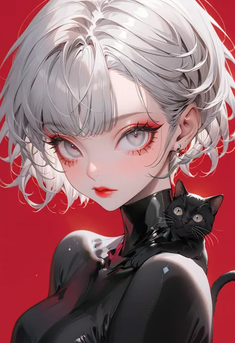 crimson background，(highest quality,very detailed,high resolution:1.2),1 slim albino girl，giant black cat１animals，gray-haired be...