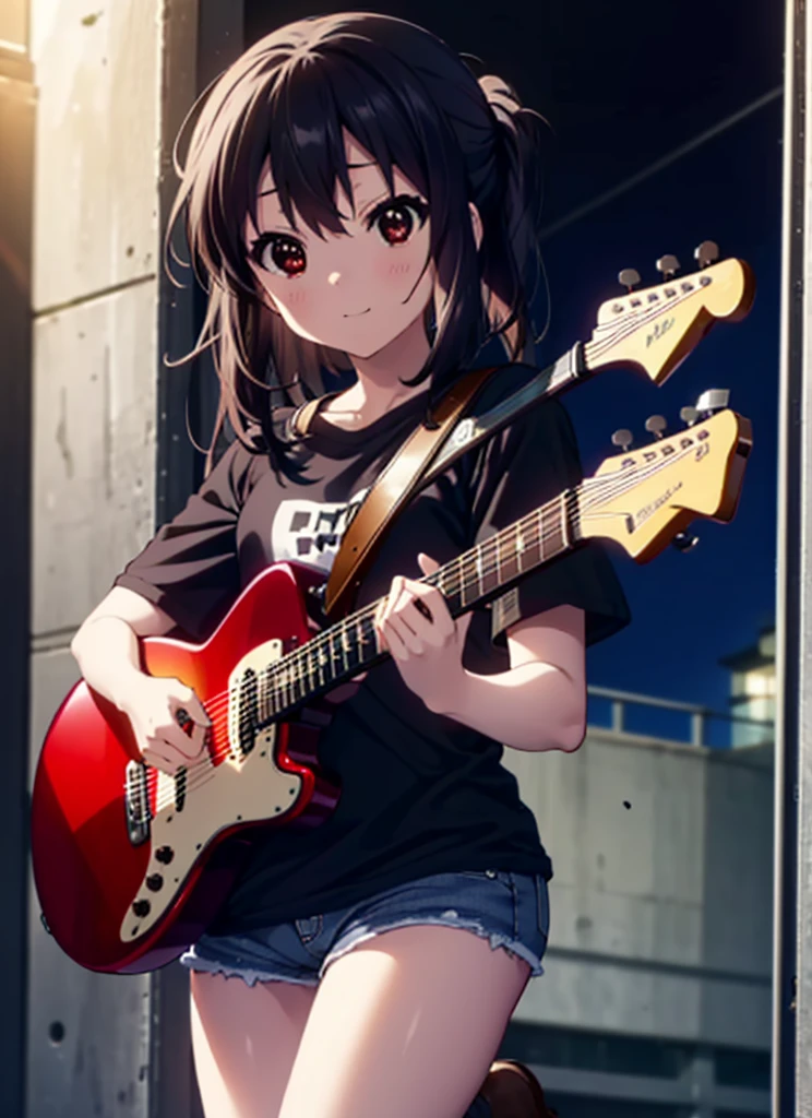 meet, Azusa Nakano, Black Hair, (Brown eyes:1.5),Long Hair,hair band,Oversized T-shirt,Short sleeve,denim,short boots,Instrument playing, Stage Performance, hot air,Happy atmosphere,スタンドマイクの前でguitarをを弾きながら熱唱,guitar(Red Mustang),On the forehead,Singing with your mouth open,smile,Street Performance,night,moonlight,whole bodyがイラストに入るように,
break outdoors, Building district,
break looking at viewer, whole body,
break (masterpiece:1.2), Highest quality, High resolution, unity 8k wallpaper, (figure:0.8), (Beautiful attention to detail:1.6), Highly detailed face, Perfect lighting, Highly detailed CG, (Perfect hands, Perfect Anatomy),