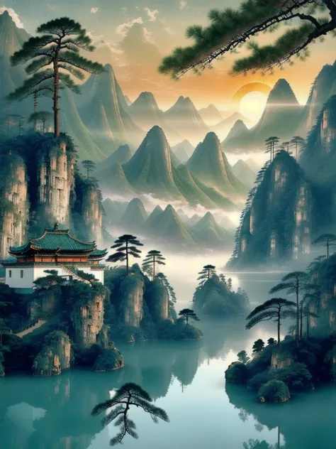 anime style, akira toriyama. create a lush, green mountain landscape at sunrise, inspired by traditional chinese art. the scene ...