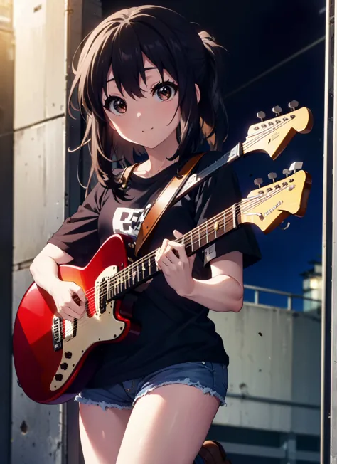 meet, azusa nakano, black hair, (brown eyes:1.5),long hair,hair band,oversized t-shirt,short sleeve,denim,short boots,instrument...