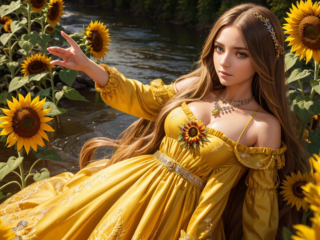 (  Absurdly , High quality , ultra detailed ) ,( hand detailed ) , 1girl, solo, mature, very long hair, sunflower hair , beautiful crystal eyes ( eye detailed ) Baroque, Necklace, long dress, long sleeve, elegant, colorful, highest detailed, upper body , with the river and sunflowers