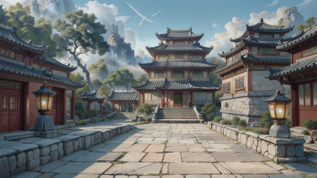 中国Ink画,  masterpiece , best quality, Ink画，Guo Chao，Ink，（Xianxia scene，Fantasy fairyland scene，Pavilions，architecture具有东南亚特色，cloud雾缭绕：1.5），outdoor，Sky，daytime，cloud，Tree，Blue sky，nobody，window，plant，architecture，landscape，lantern，stairs，Potted plants，architecture，东亚architecture，landscape