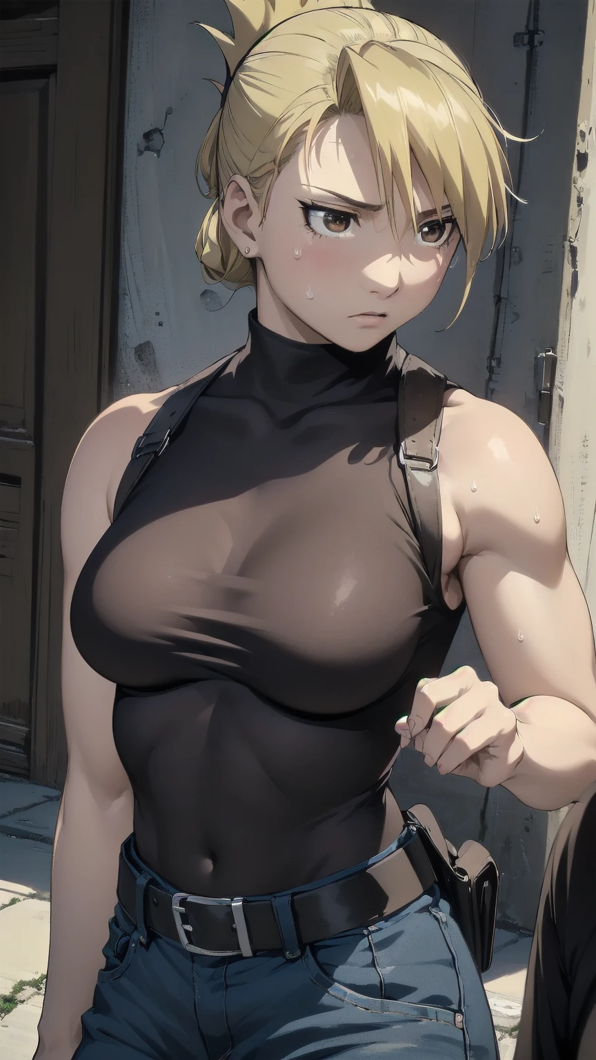 masterpiece, highest quality, High resolution, One Girl, Hamriz, ponytail, Brown eyes,big , Black Shirt, Tight shirt, holster, Short sleeve, belt, Covered navel, Blue pants,indoor、Upper body close-up、Muscular body、blush、Sweat、Composition from the front、anime、(((Close-up of a person、大きなおっぱい、Both armpits exposed、Sweat、Look forward)))