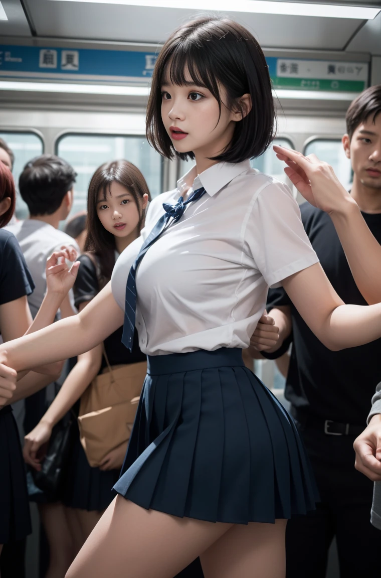 (Crazy behavior:1.8) Japanese women, Very large breasts, Oversized breasts, (Schoolgirl uniform、White short sleeve shirt,Dark blue ribbon,Pleated short skirt、Blue and black patterned mini skirt, Pink short bob hair,bangs,ear:1.2),Grab your chest, in the train, Grab me by the buttocks, 彼女の周りの複数の男性が彼女のGrab your chest, Grab your chest, Multiple hands, masterpiece, Highest quality, Very detailed, Crazy behavior, Men in the crowd, Crowdsurfing, Very realistic face, Very realistic eyes, Men in the crowd around her, Someone grabs her body, I pressed my chest, Crazy behavior, masterpiece, Highest quality, Very detailed, 1 person, Multiple hands, Grab your ass with the crazy crowd, Grab your chest, The men around her, A compressed body, 多くの人がGrab your chest, Be beaten, pull clothes, Very wet and sweaty, Grab clothes, (There are no women in the crowd:1.5), Man in a tie