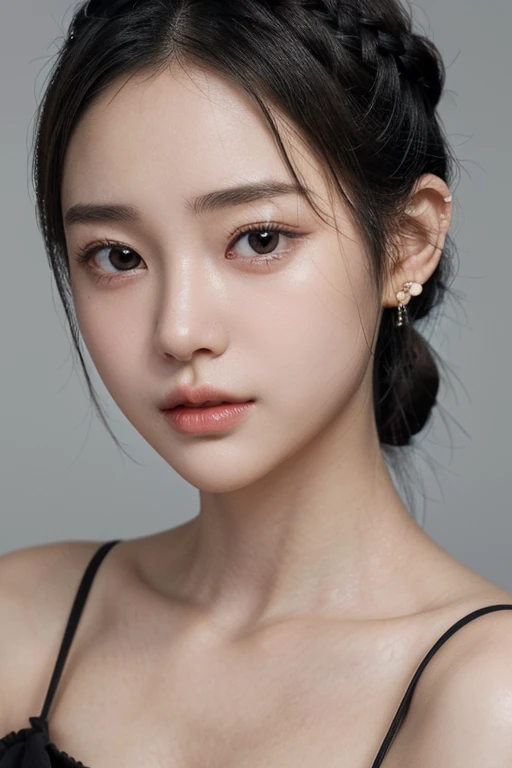 (22 year old Japanese beautiful girl,), (Small breasts:1.5,),(solo,Textured skin, Detailed skin,Detailed face,Detailed eyes,detailed posing,Natural eyebrows,High detail, Highest quality, Super detailed, Surrealism, ,8k,RAW Photos,Photographicism,Professional Lighting,Ray Tracing,Aperture F1.2,Portrait Photography,Natural Light),(((Black Hair, Natural Makeup,Simple earrings,Braided topknot, Close-up,