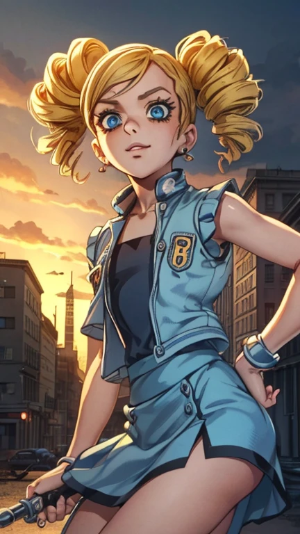 (1girl, solo, highly insanely detailed, masterpiece, top quality, best quality, highres, 4k, 8k, RAW photo),((innocent look)),((Childish)),From the front, symmetrical composition,smile,cute,Innocent,Kind eyes,Flat chest,JOJO'S BIZARRE ADVENTURE Part 5 Comic Style,apocalyptic city, city devastated by zombies, (ppgzbb), (blue eyes, blonde hair, twin drills, hairclip, earrings, vest, blue skirt, short skirt)