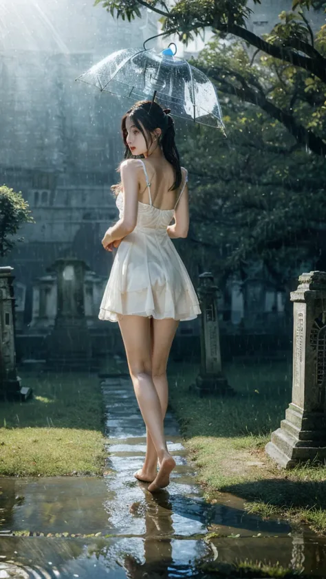 (extremely detailed cg unity 8k wallpaper), a beautiful young woman in the rain, dress, session, cemetery with lanterns, empire-...